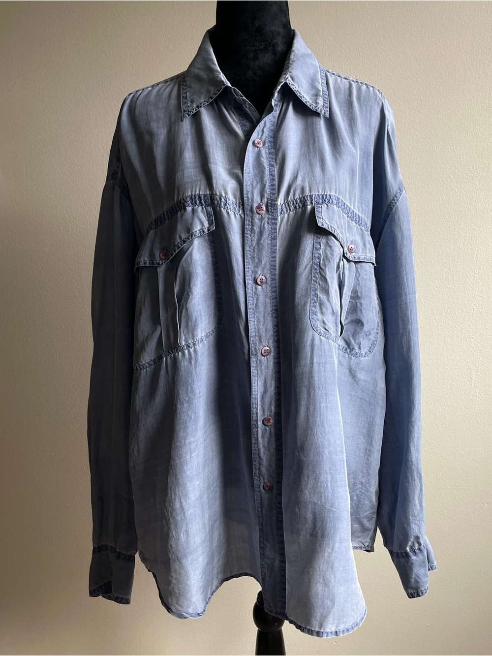 Vintage PASHA 100% Silk Shirt XL Blue Oversized Button Front Blouse